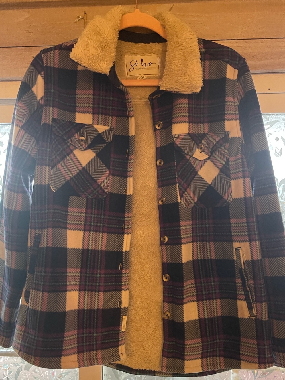 Soho Cream, Black & Purple Plaid Sherpa-Lined Comfy Jacket